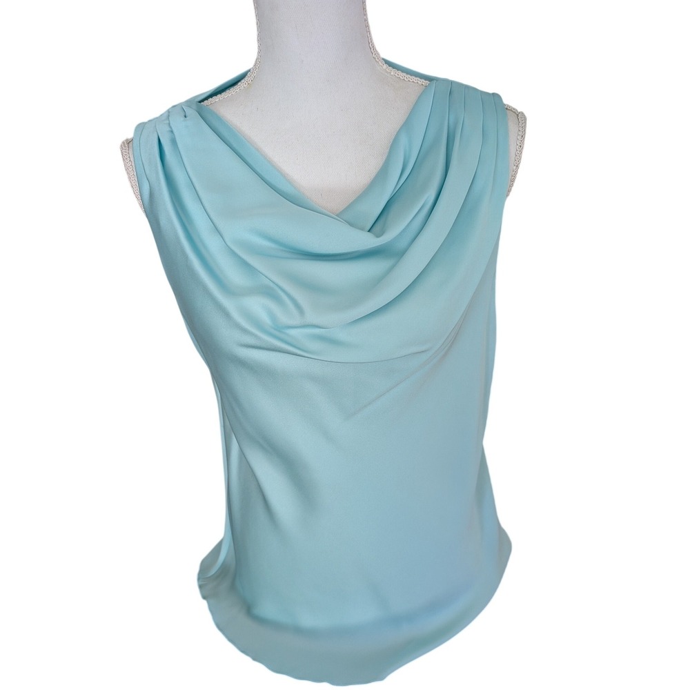 Banana Republic Sleeveless Top Silk Blend Cowl Neck Pleated Light Blue Aqua M